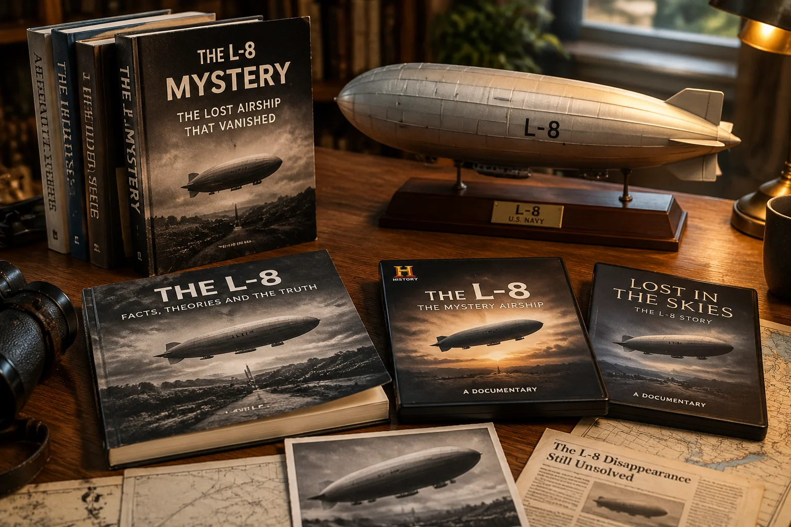 Ghost Blimp 1942: The WWII Blimp That Landed in San Francisco Without a Crew 16 A collection of books and documentaries about the L-8 mystery on a wooden table, with a model blimp.