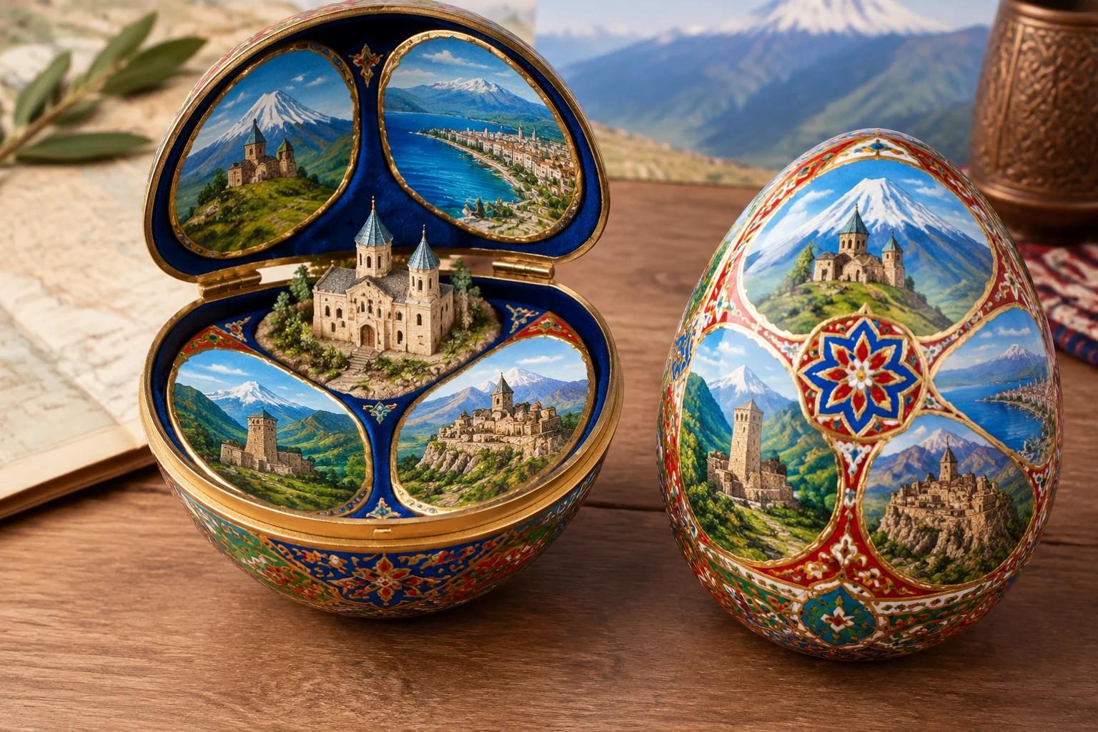 A colorful egg with four miniature paintings of the Caucasus region and a tiny model of a palace inside, shown open.