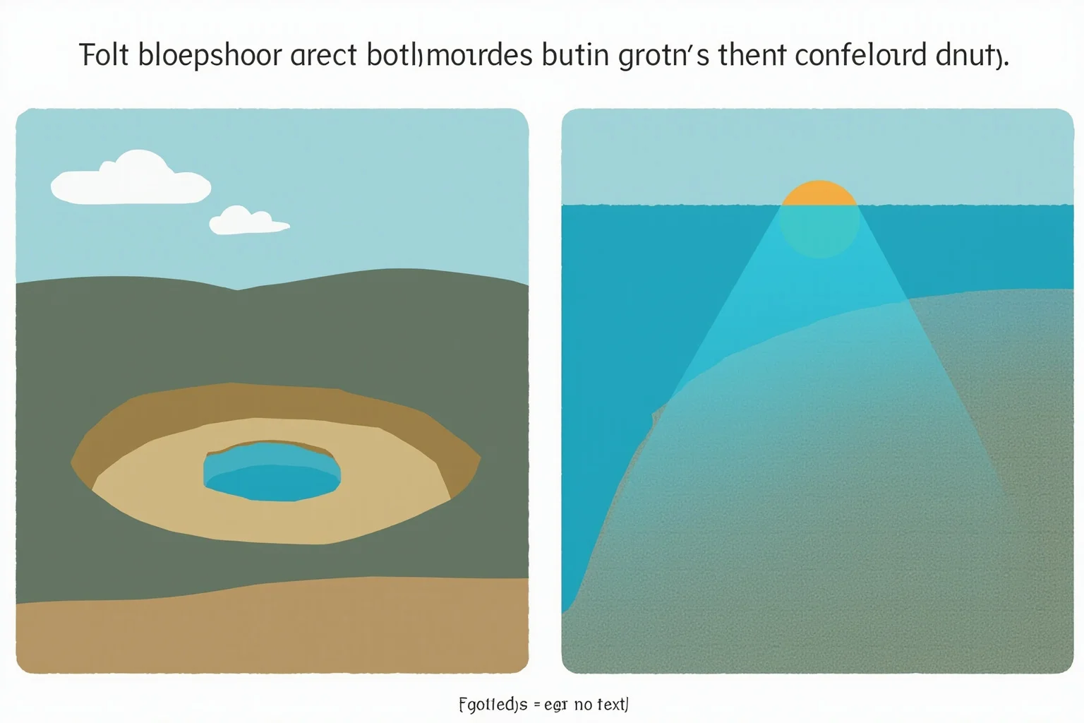 A comparison illustration of two craters side by side: a small visible bowl-shaped crater in a desert and a much larger buried circular structure under the sea, clearly different in scale, educational style, no text.