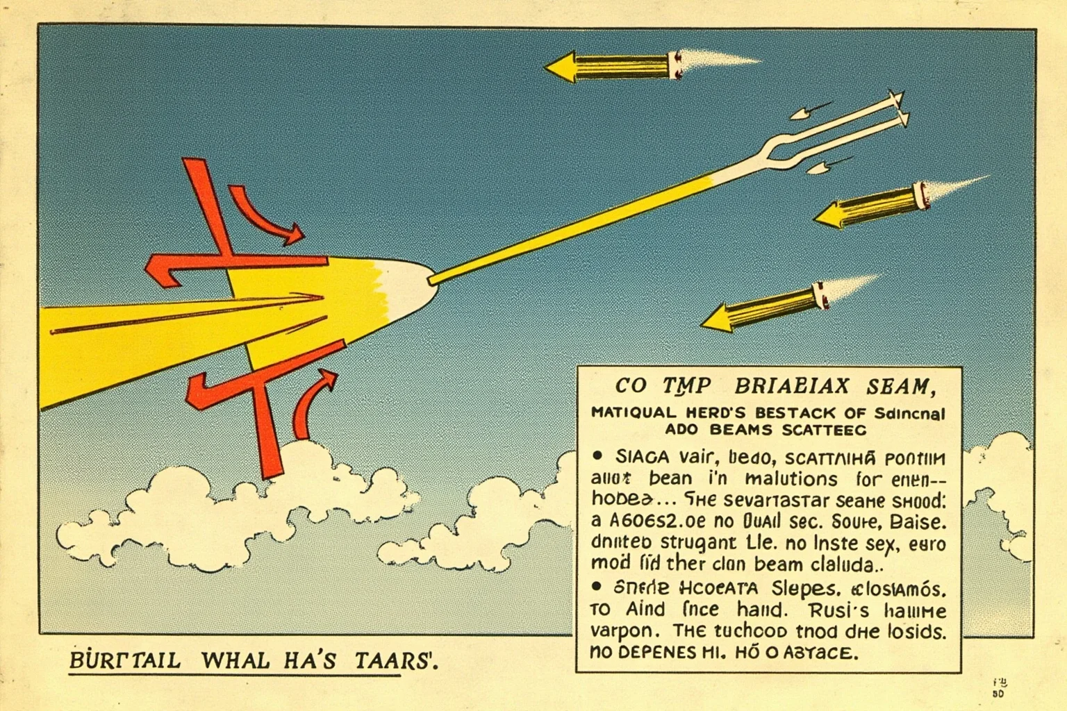 Tesla's Death Ray: Fact or Fiction? 2 A conceptual diagram-style image of a particle beam weapon shooting through a cloudy sky, with arrows showing beam scattering, in a retro scientific poster style.