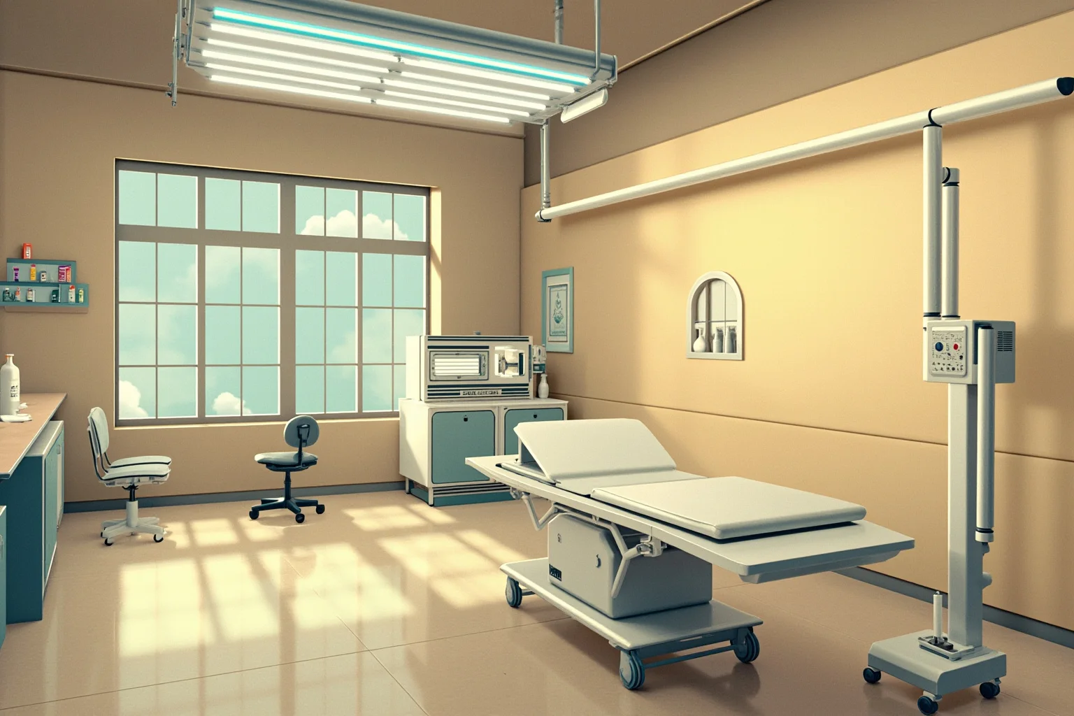 A conceptual illustration of a 1950s dermatology office with ultraviolet lamp and medicine bottle, no human subjects.