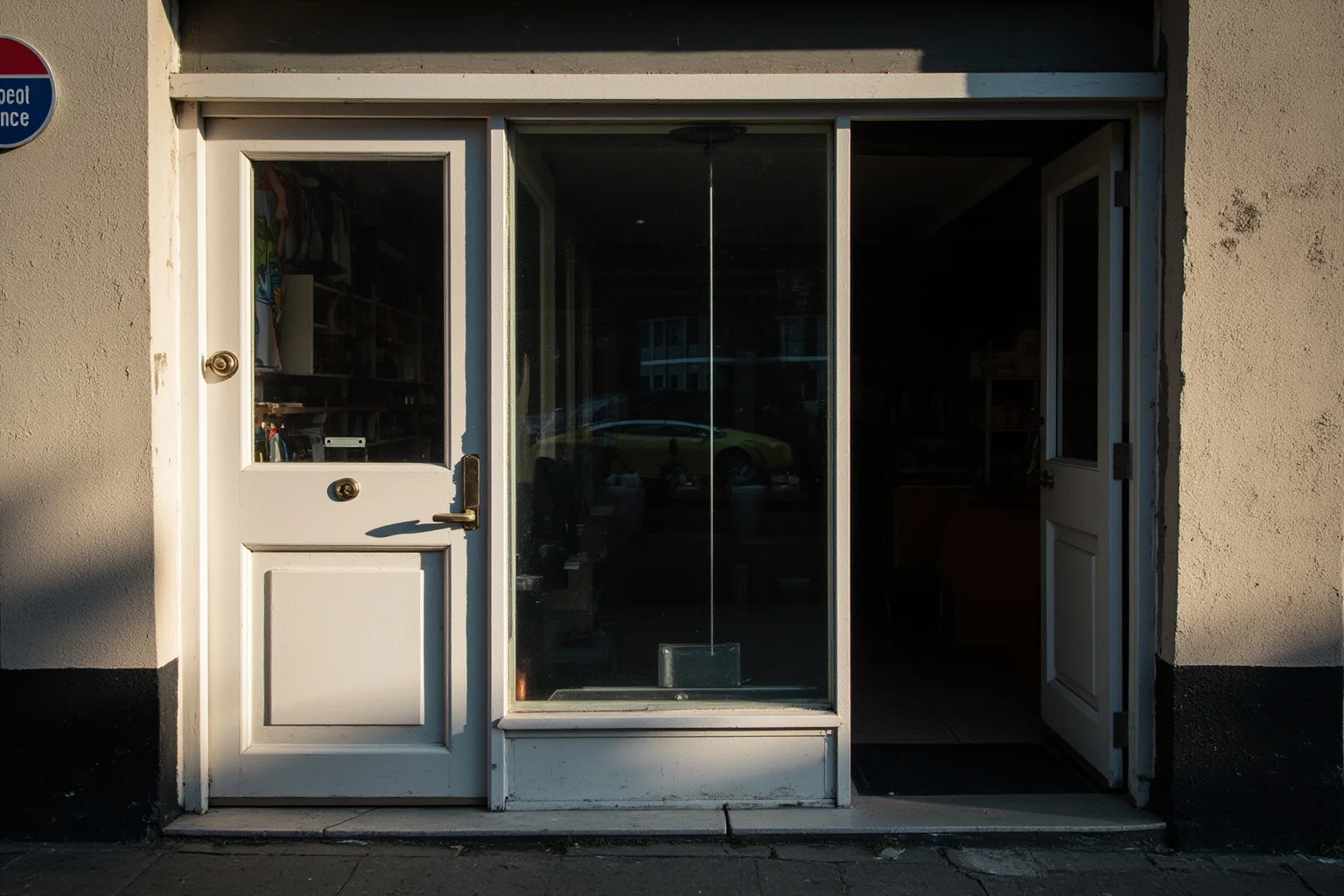 A conceptual split image of the same shop doorway in daylight and shadow, representing two different treatments, no person.