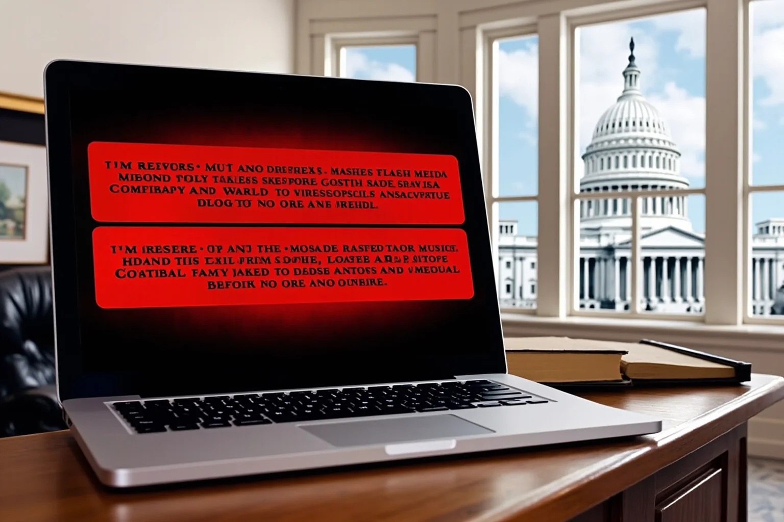 A congressional office desk showing a computer screen with alarming messages and a Capitol building visible through the window, representing the Mark Foley scandal