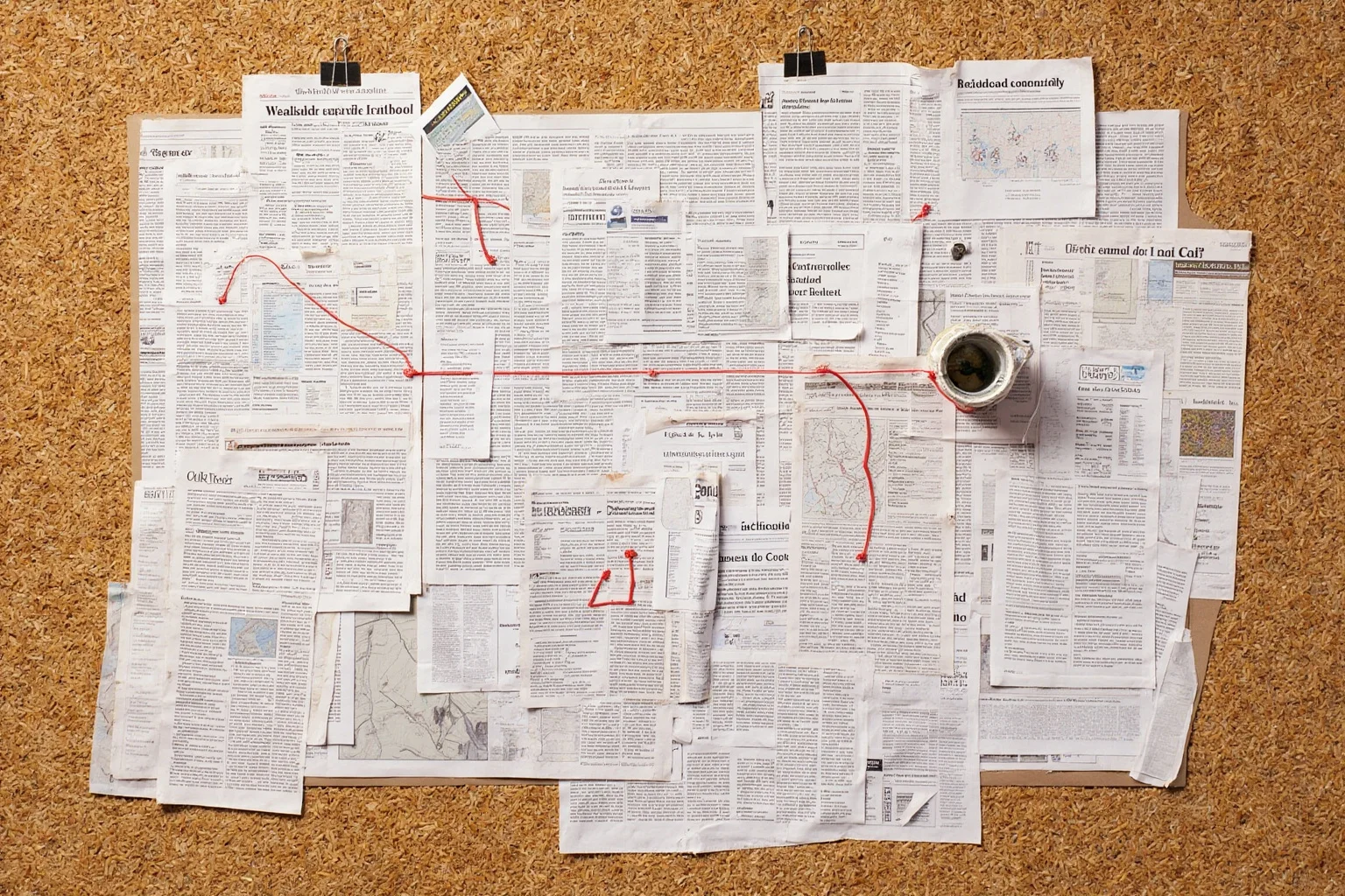 A corkboard covered with newspaper clippings, printed forum posts, and red string connecting headlines about computers and the millennium