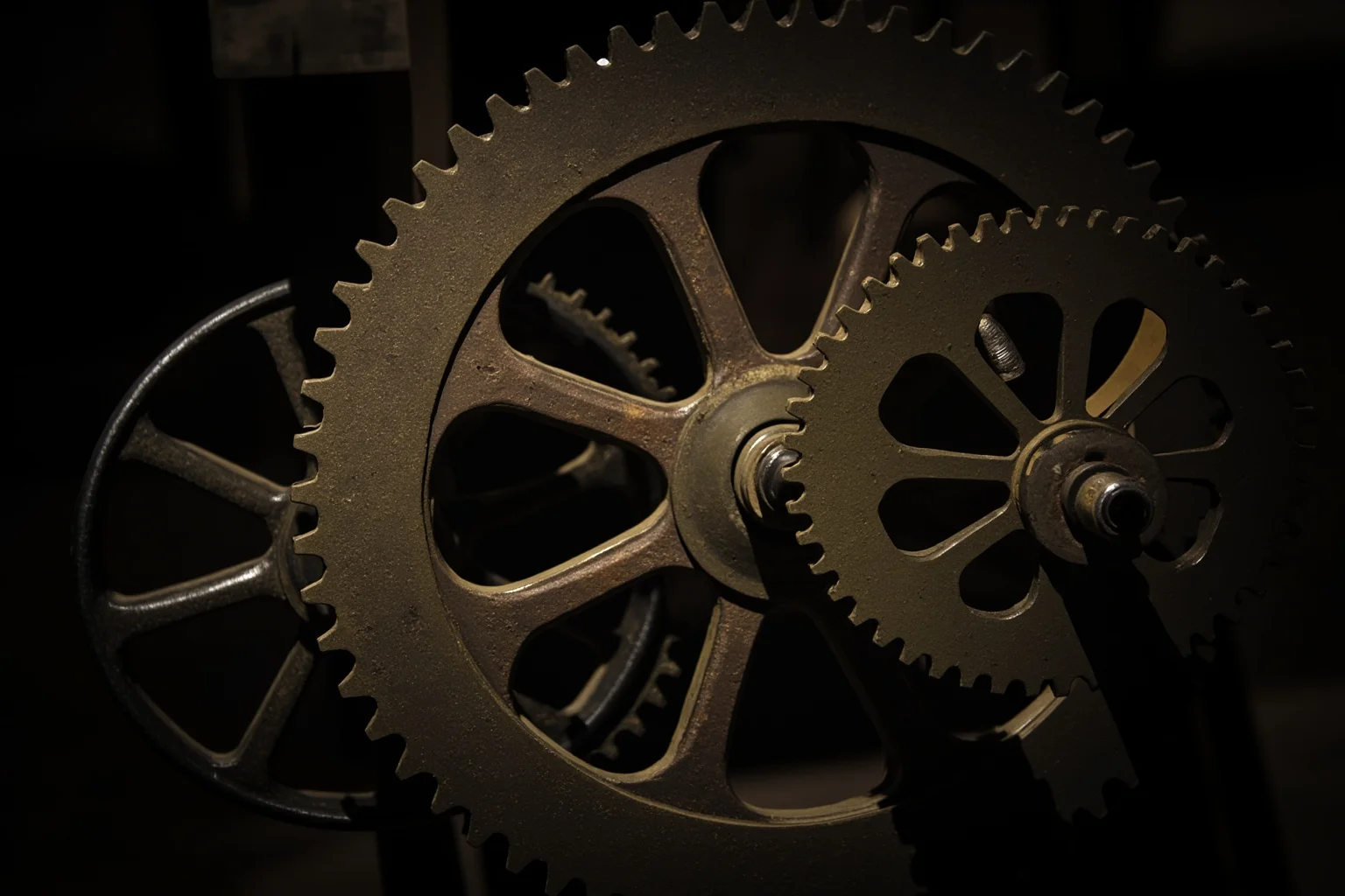 A corroded ancient bronze gear mechanism with interlocking toothed wheels resting on a museum stand, dramatic side lighting