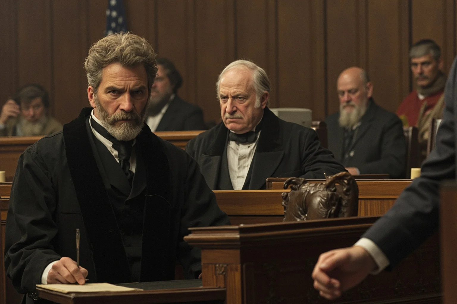 A courtroom scene where a judge looks sternly at a duelist, while a jury seems sympathetic, 19th-century American interior.
