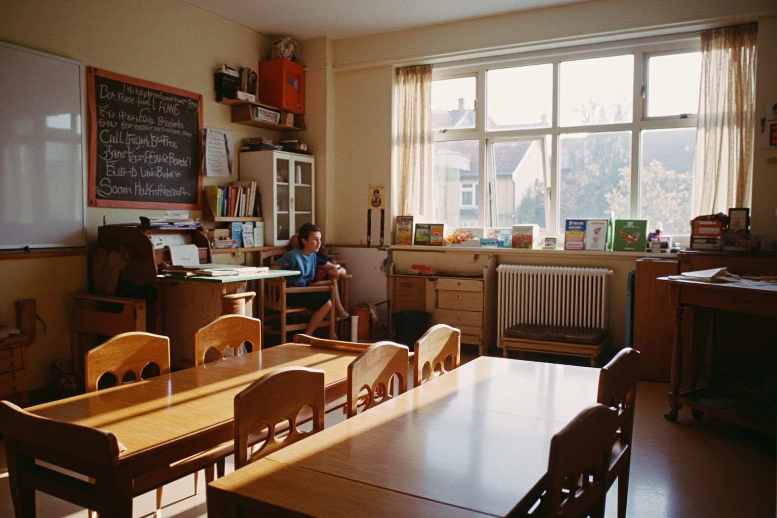 Things To Learn About The Beloved Princess Diana 3 A cozy 1980s London nursery school classroom with small wooden chairs, colorful books, and a teacher's desk, warm natural light, no people.