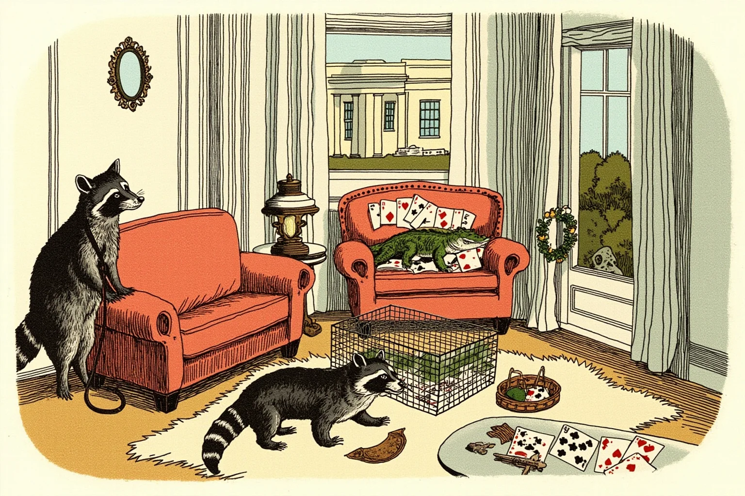 A cozy White House-style parlor with a raccoon on a leash, pet alligators in a small pen, and poker cards on a table, whimsical vintage illustration style, no people.