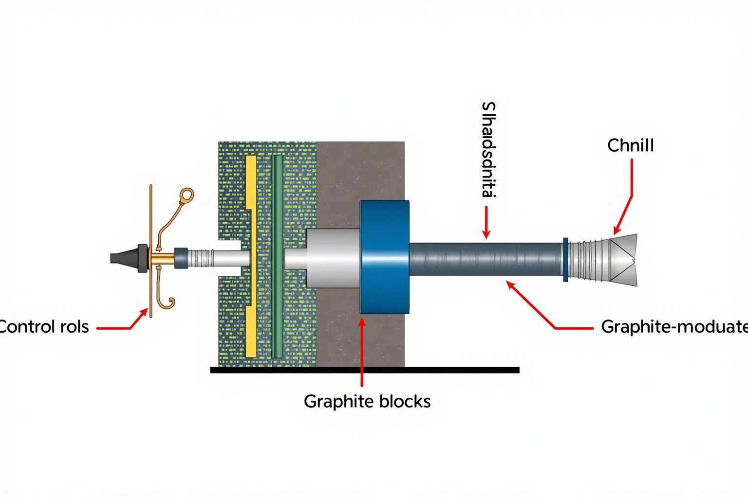 A cross-section diagram of a graphite-moderated nuclear reactor, highlighting the control rods and graphite blocks, educational style.
