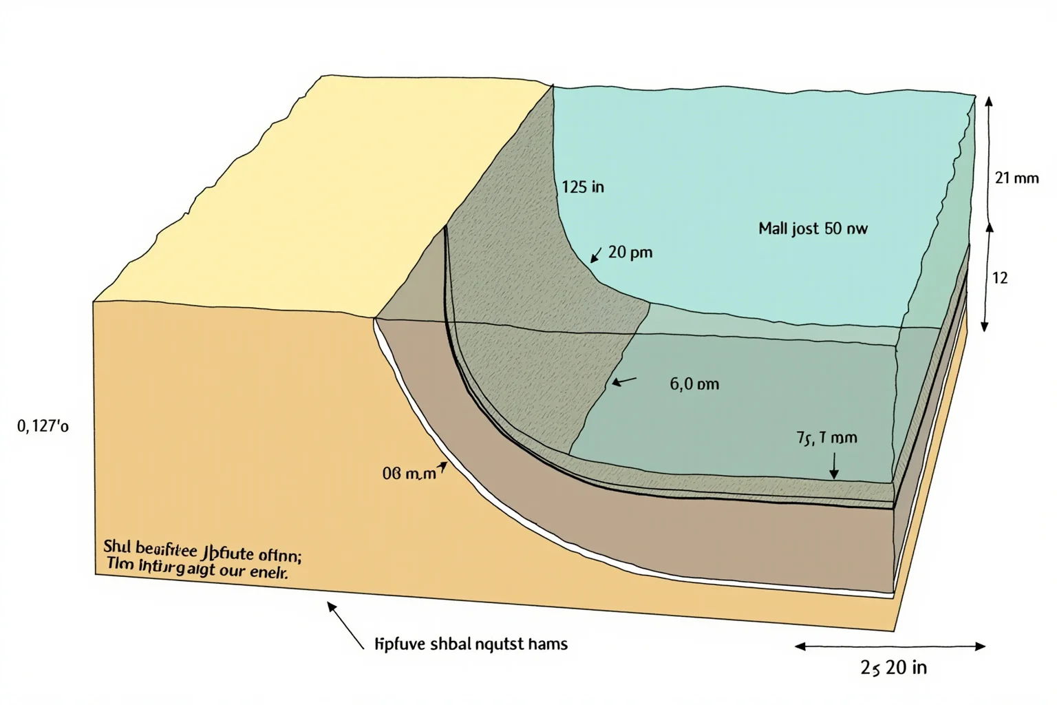 A cross-section illustration of a buried impact crater under the seafloor and limestone, showing rock layers, melt rock, and a thin global boundary clay layer, scientific diagram style, no text labels.