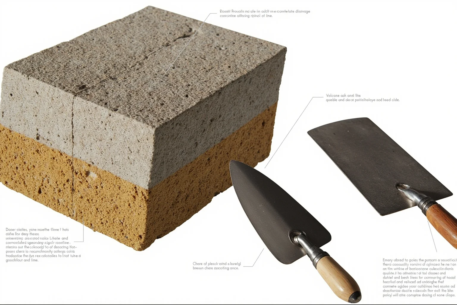 A cross-section of Roman concrete showing volcanic ash and lime, with a modern trowel and ancient Roman trowel side by side, educational display.