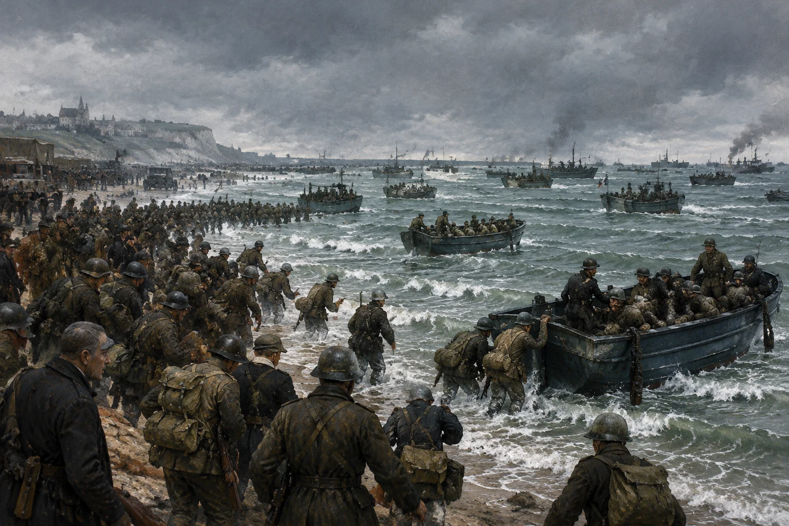 A crowded beach with small boats evacuating soldiers in 1940, gray skies and choppy water, historical illustration
