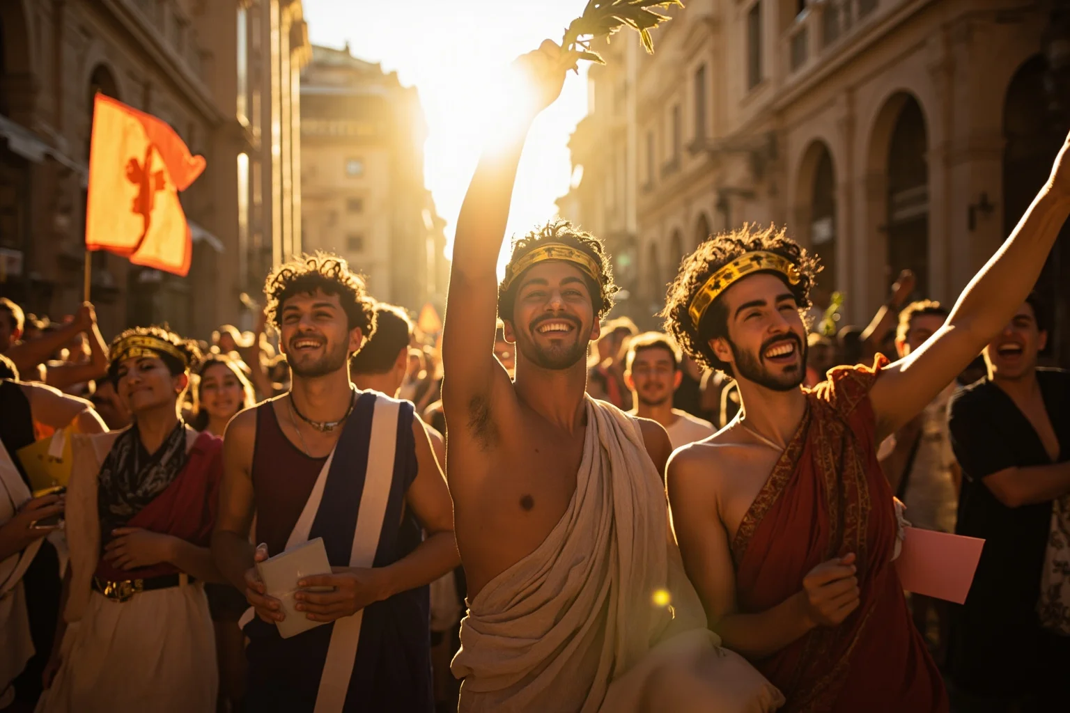 A crowded Roman street celebrating with laurel branches and banners, joyful faces, golden light