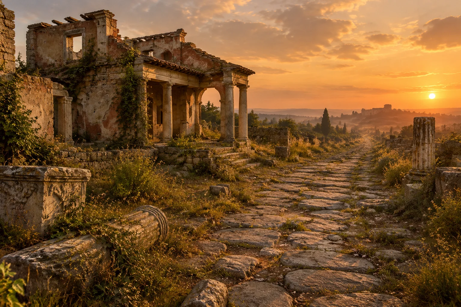The Single Worst Time Period in Human History? What the Evidence Actually Shows 6 A crumbling Roman road leading away from a ruined villa in the Western Roman Empire, overgrown and abandoned, golden dusk light.