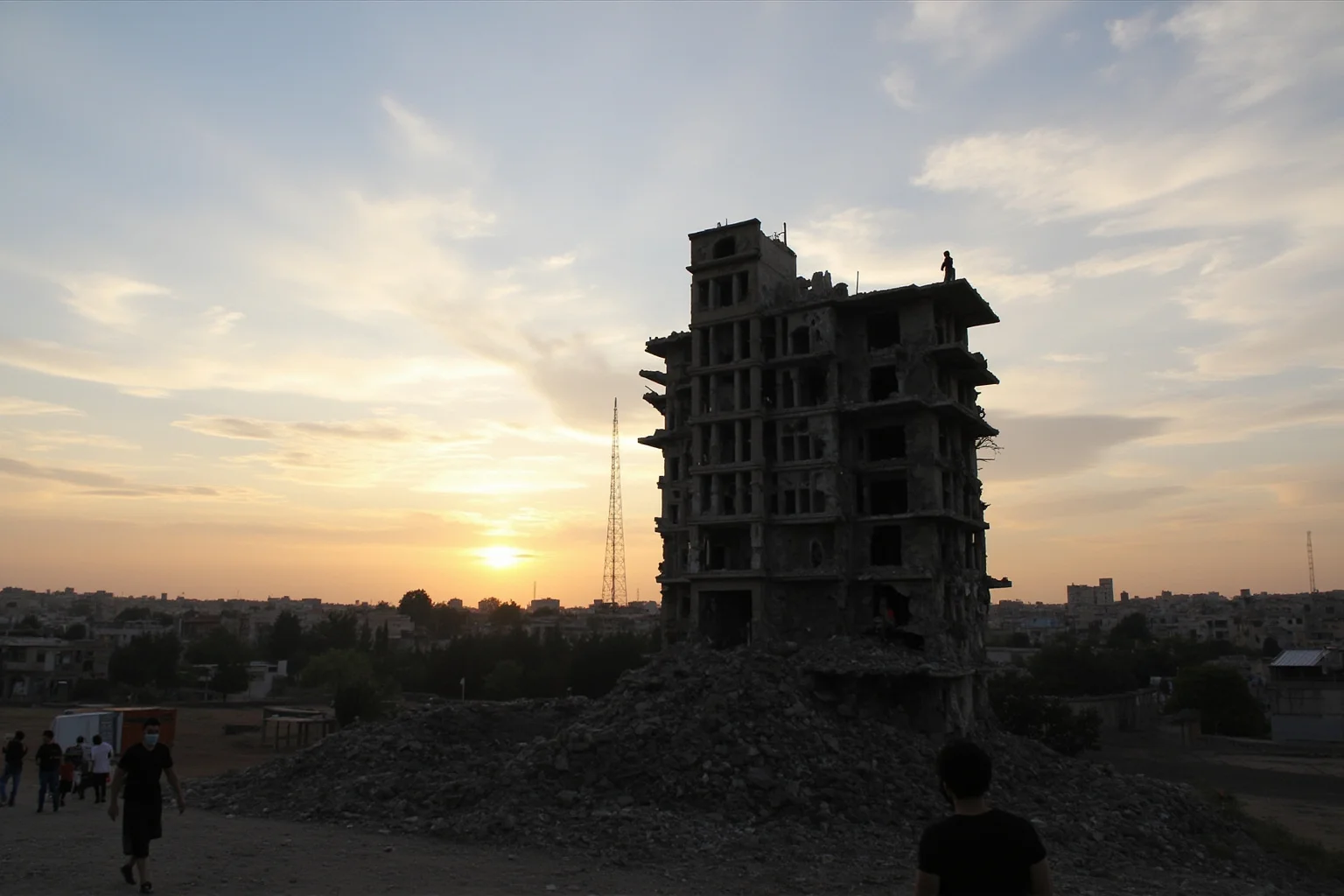 22 Evil Dictators Who Were Eventually Overthrown 22 A Damascus skyline with a government building in rubble, sunset, people walking away, no faces.