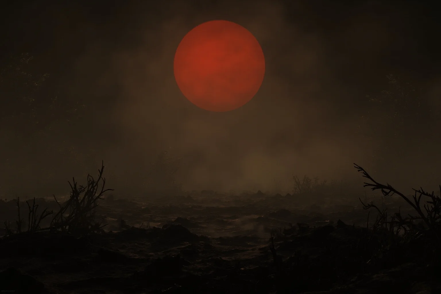 A dark, dust-choked prehistoric landscape with dead or dying vegetation, a dim reddish sun struggling through the haze, and a few small surviving mammals or bird-like dinosaurs hiding among debris, somber and atmospheric.