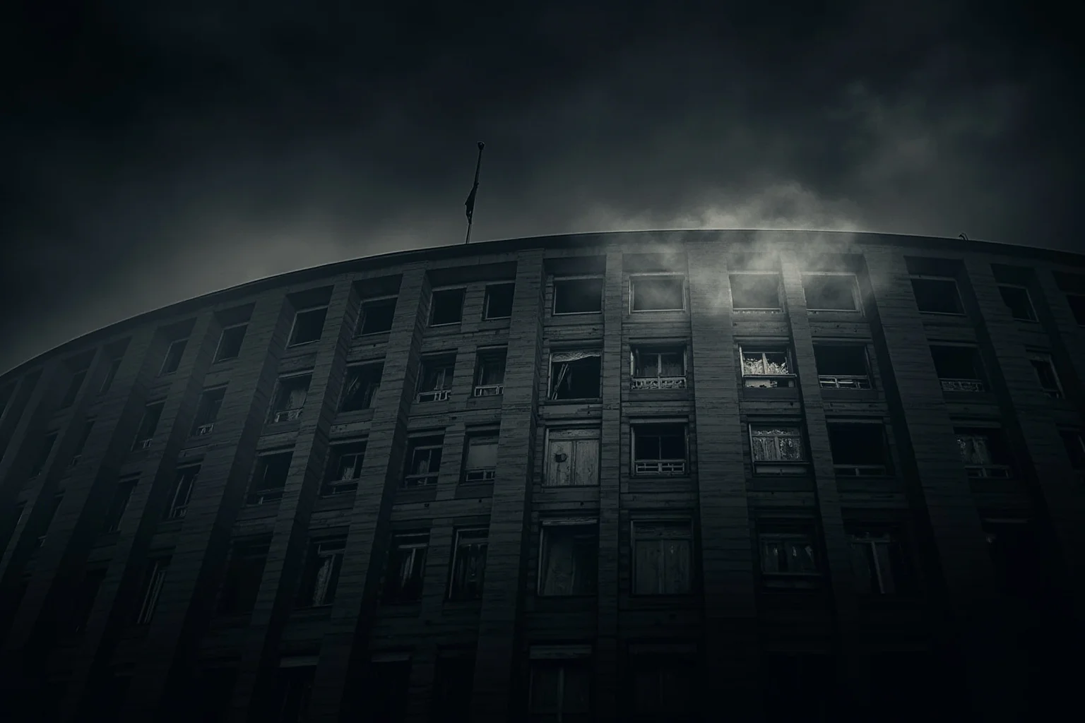 22 Evil Dictators Who Were Eventually Overthrown 6 A dark European parliament building with broken windows and smoke, symbolizing the fall of a totalitarian regime.