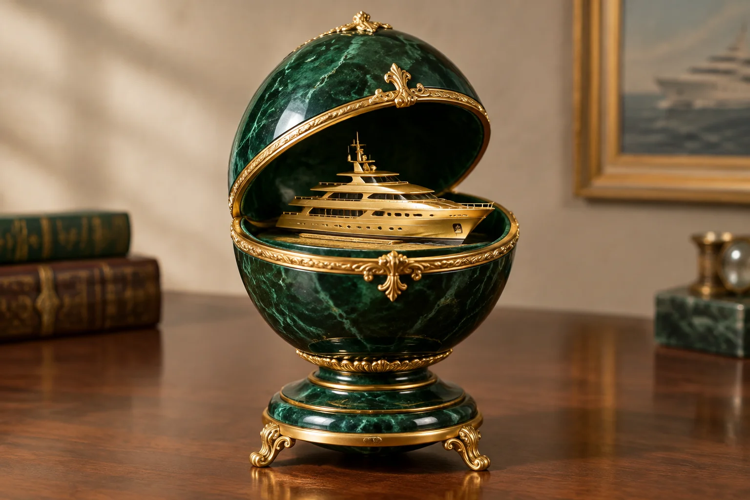 A dark green jasper egg with gold mounts, containing a miniature gold model of a yacht, displayed on a stand.