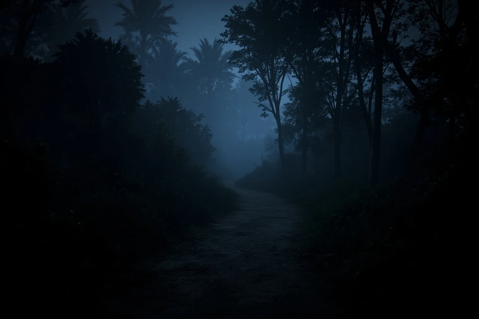 A dark tropical jungle path at dusk with indistinct shadowy silhouettes among the trees, moody mist, atmospheric horror without depicting anything graphic