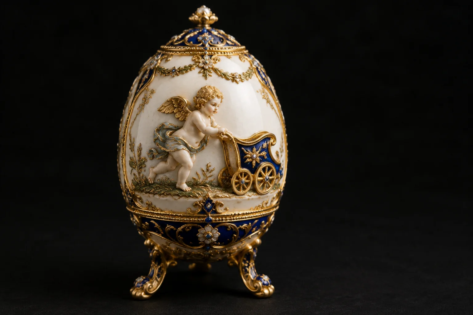 A delicate egg featuring a cherub pushing a small chariot, with intricate gold and enamel details, set against a dark background.