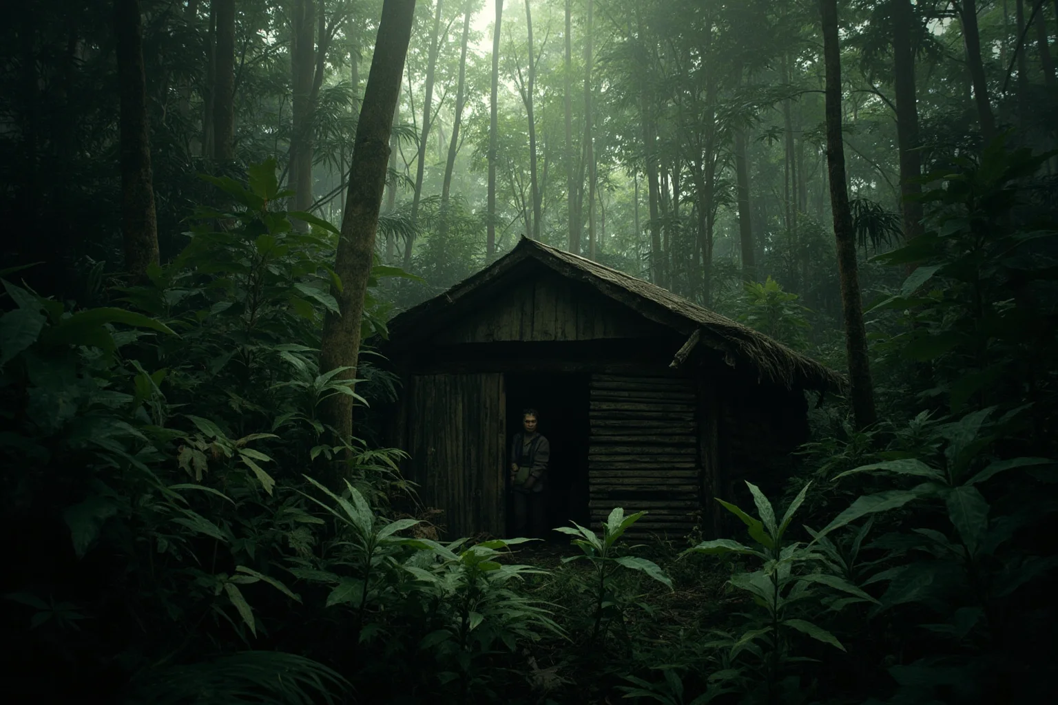 Scariest Missing Persons Cases in History: 20 Creepy Disappearances That Still Baffle Us 14 A dense Pacific jungle with a hidden Japanese soldier in a makeshift hut, World War II era, overgrown vegetation, mysterious and isolated.