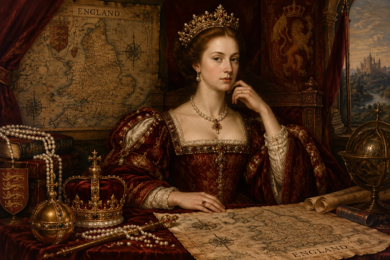 A detailed Renaissance-style portrait of an unmarried queen surrounded by maps of England, pearls, and royal regalia, muted gold and deep red tones, historical painting style