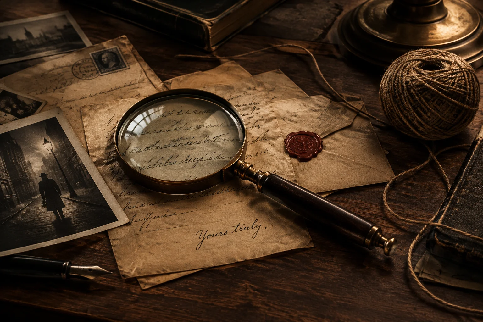 A detective's desk with a magnifying glass, old letters, and a ball of thread, vintage noir illustration.