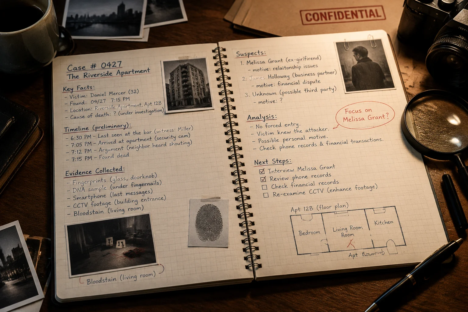 The Horrifying Camp Scott Incident That Still Haunts Oklahoma 19 A detective's notebook with notes on the case, showing the work done.