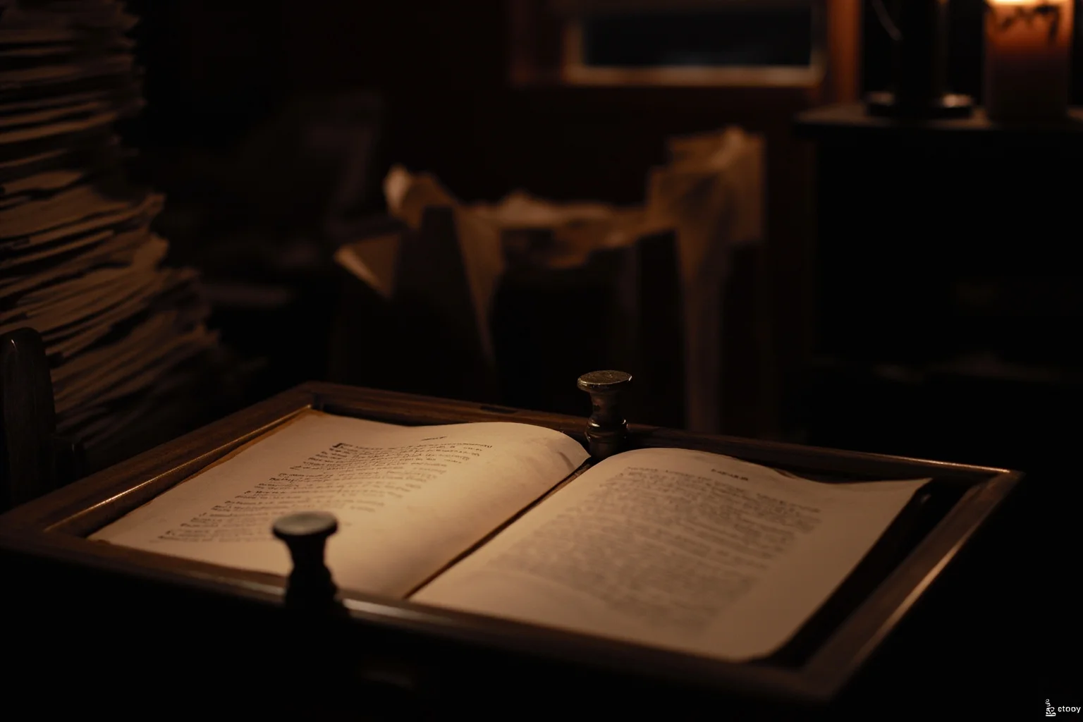 A dim Elizabethan print shop with a freshly inked quarto page on a wooden press, candlelight, stacks of folded paper, muted browns and golds.