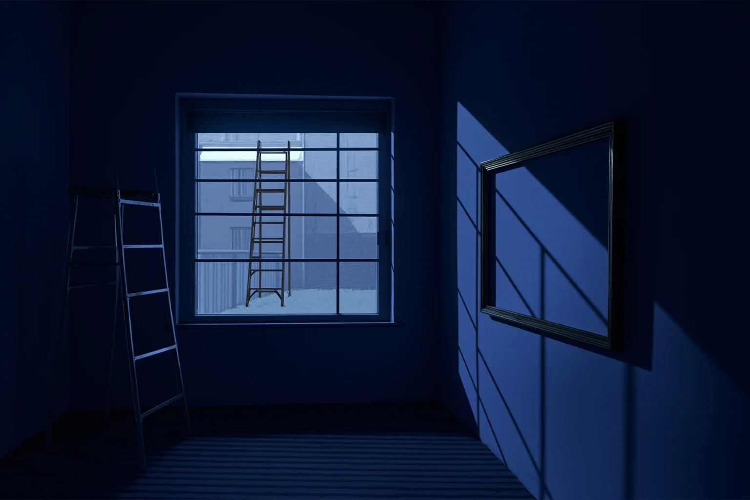 22 Famous Paintings That Were Stolen — Including 10 That Were Never Recovered 3 A dim Oslo gallery at night, an empty frame on the wall beside a window and a ladder leaning against the building outside, cold blue light, moody illustration.