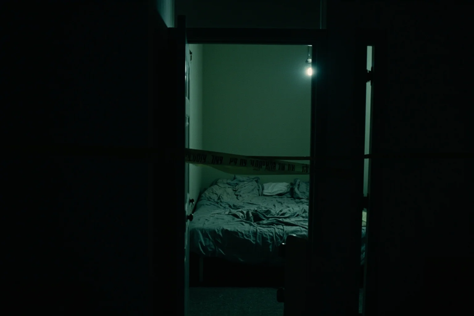 A dimly lit 1970s motel room with an open door, police tape, and a single bed with rumpled sheets, film noir lighting, no people visible.