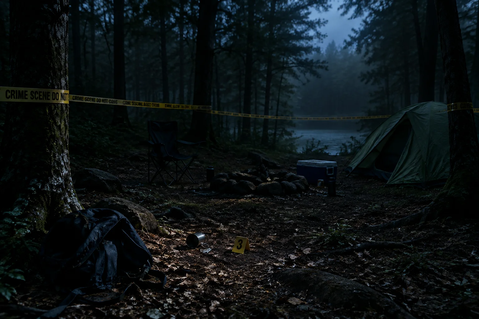 The Horrifying Camp Scott Incident That Still Haunts Oklahoma 2 A dimly lit forest area near a campsite, evoking the eerie atmosphere of the crime scene.