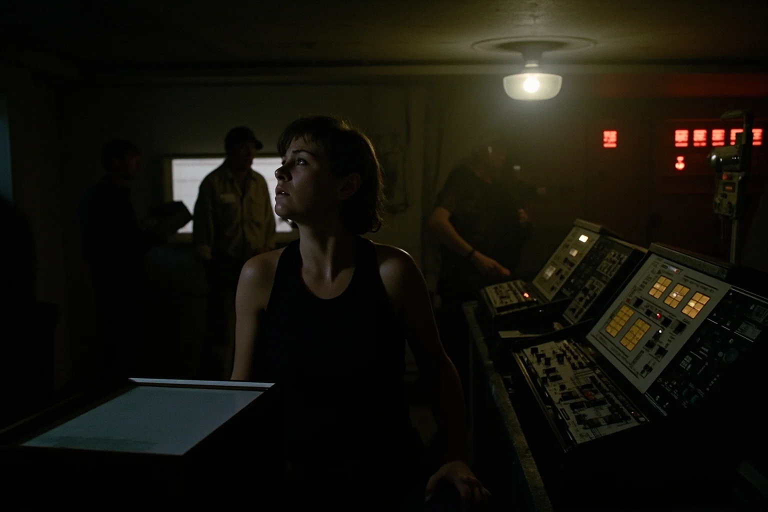 A dimly lit, retro-style control room with analog instruments and workers looking confused, evoking the confusion during the Chernobyl test delay.