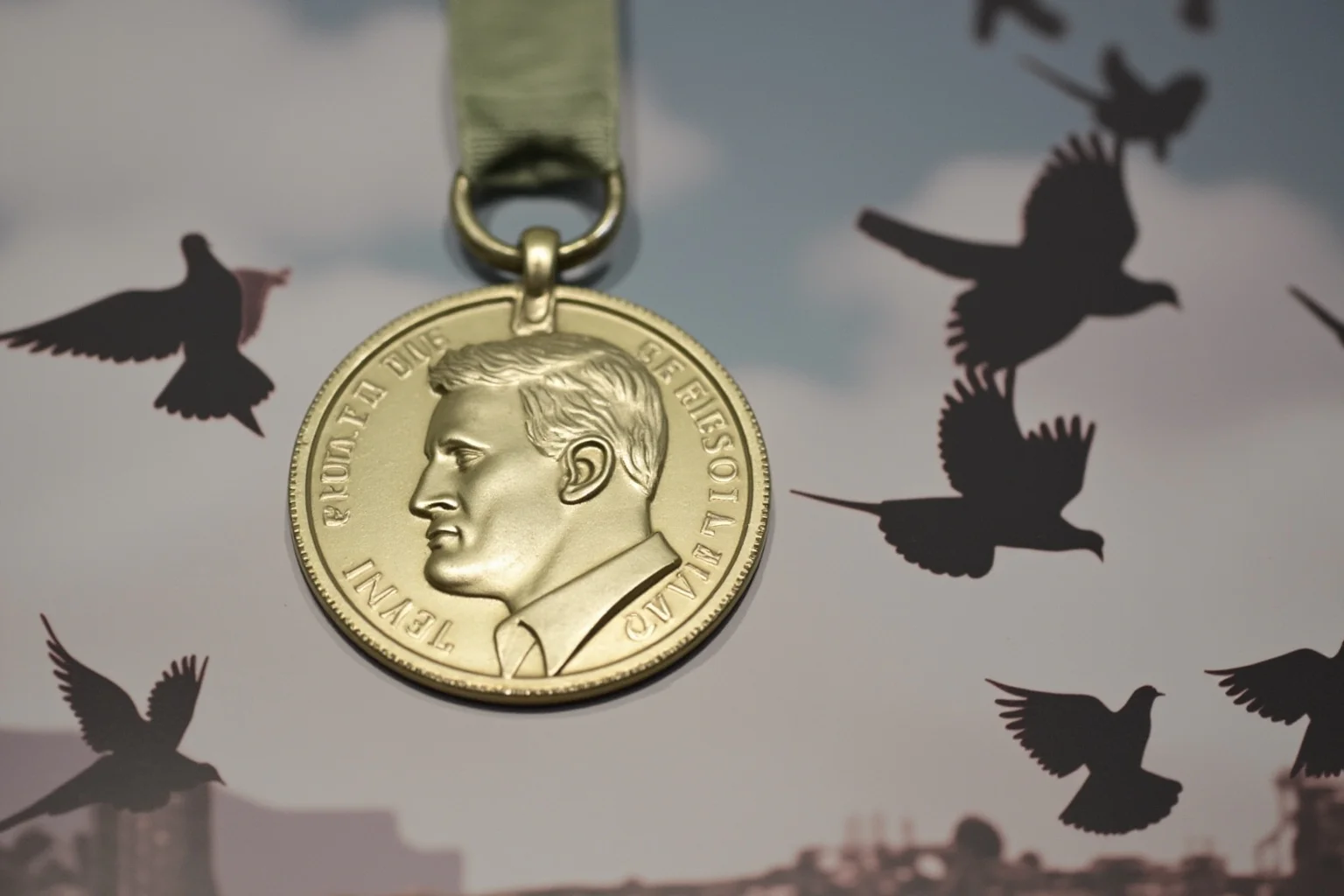 A display of the Dickin Medal with a green ribbon, surrounded by silhouettes of pigeons in flight against a wartime sky background