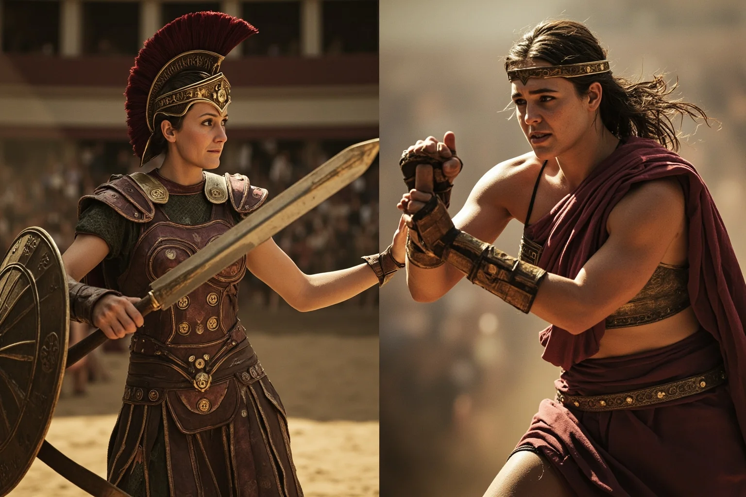 Yes, Female Gladiators Existed — And Here's Everything You Need to Know About Them 21 A divided scene showing an elite Roman woman in arena armor on one side and a lower-class woman fighter on the other, illustrating the class dimension of the stigma