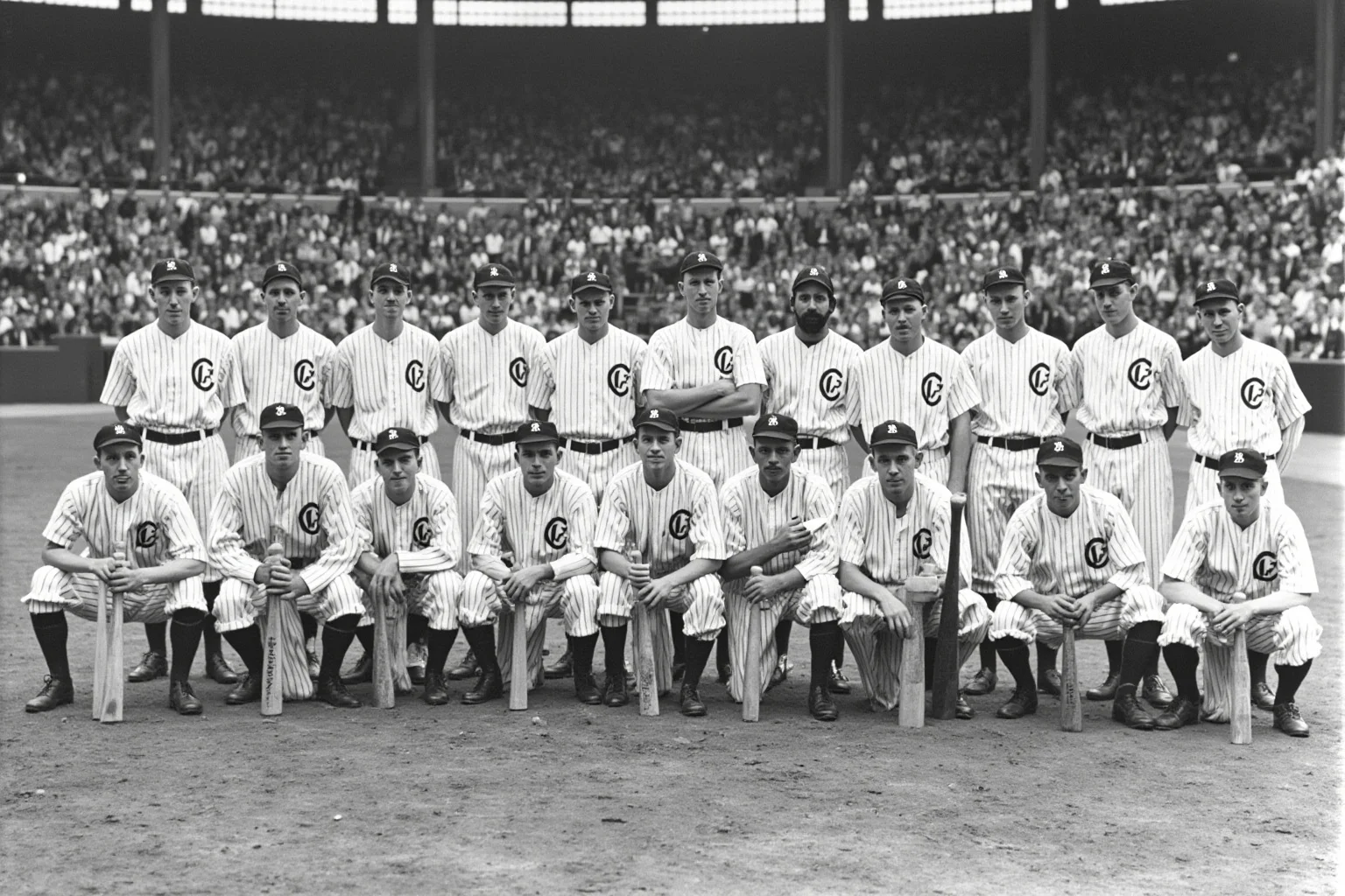 25 Memorable Moments That Defined World Series History 5 A dominant 1927 baseball lineup in pinstripes posing in front of a packed stadium, powerful batting stance, no recognizable faces.