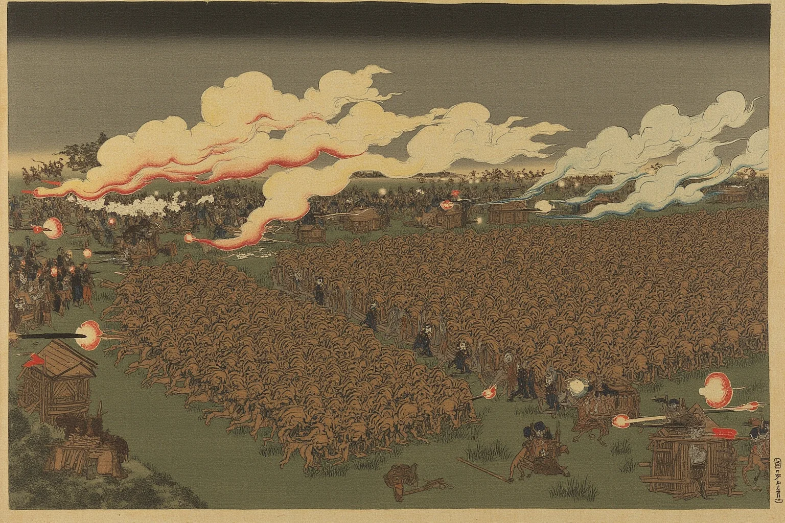 The Craziest Examples of the Butterfly Effect Throughout History 19 A dramatic 16th-century Japanese battlefield illustration at dusk with wooden palisades, rows of arquebusiers firing volleys, and distant cavalry charging through smoke, no real named figures depicted.