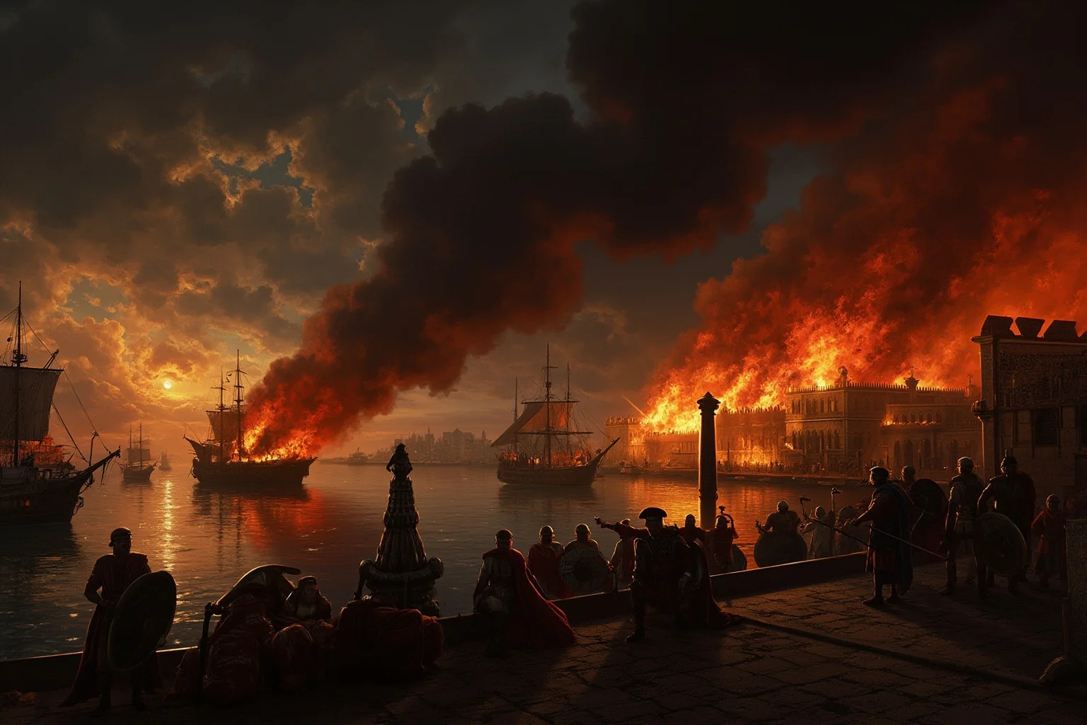 A dramatic ancient harbor at night with burning ships and flames spreading to waterfront warehouses in Alexandria, Roman soldiers silhouetted, painterly historical illustration