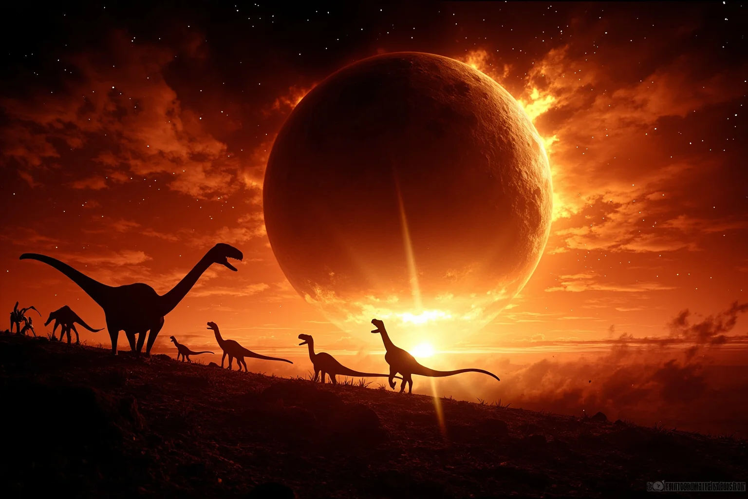 A dramatic end-Cretaceous scene showing the Chicxulub asteroid impact, fiery skies, and dinosaurs silhouetted against a glowing horizon.