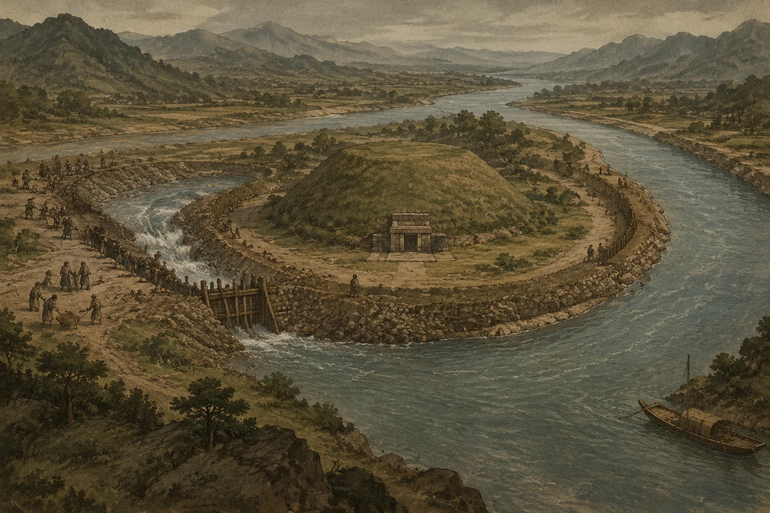 Historical Icons Buried in Unmarked Graves: 20 Famous Figures Without a Marker 4 A dramatic illustration of a ancient river being diverted around a hidden grave mound, stylized historical art, no recognizable individuals, muted earthy tones.