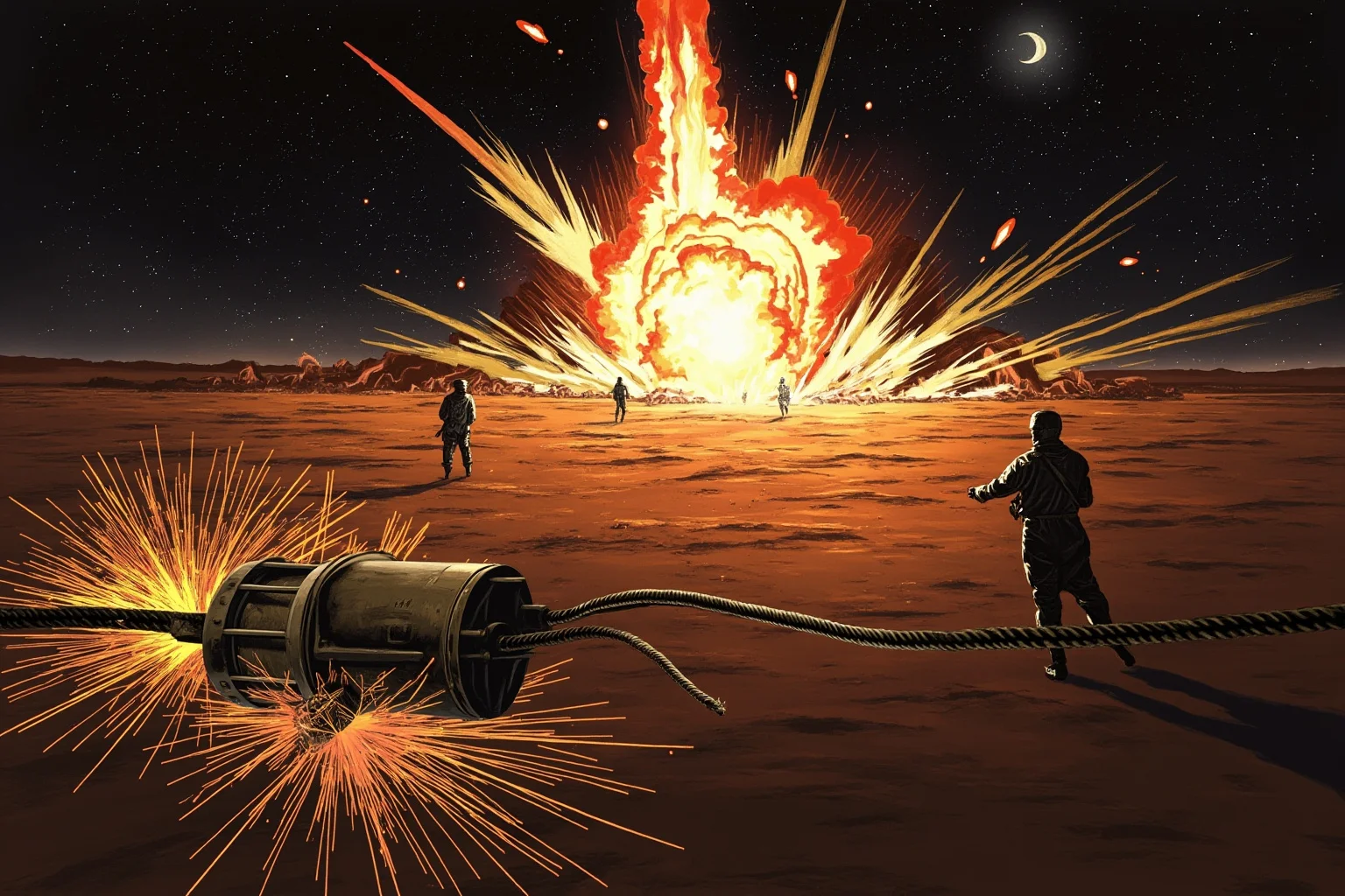 The Craziest Examples of the Butterfly Effect Throughout History 7 A dramatic illustration of a Soviet rocket test site explosion at night, with a torn command cable sparking in the foreground and silhouettes of engineers running in the background.