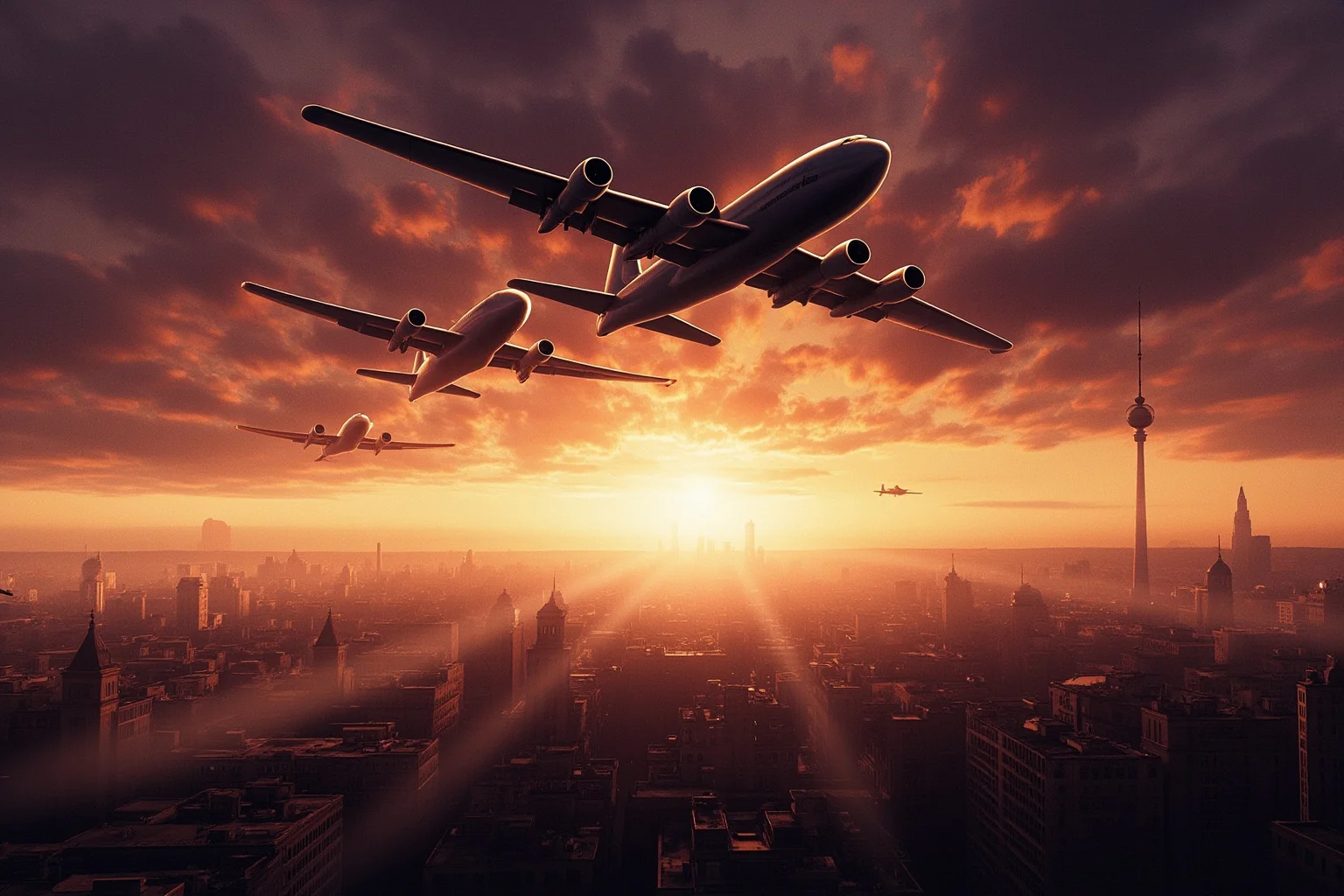 A dramatic illustration of cargo planes flying over a divided city at dawn, representing the Berlin Airlift.