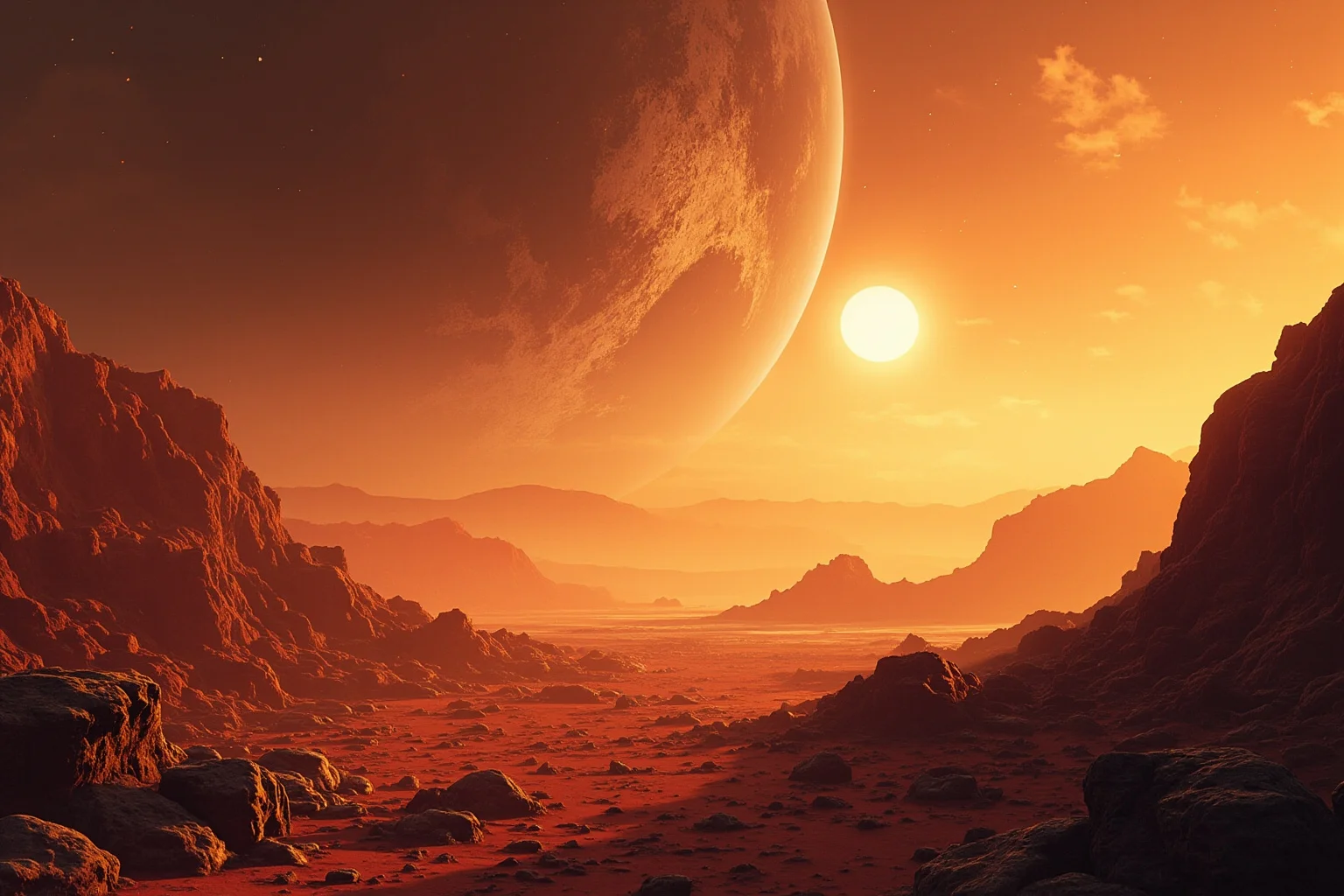 A dramatic landscape of a hot, arid supercontinent interior with distant mountains and a pale bright sun, in a speculative science illustration style