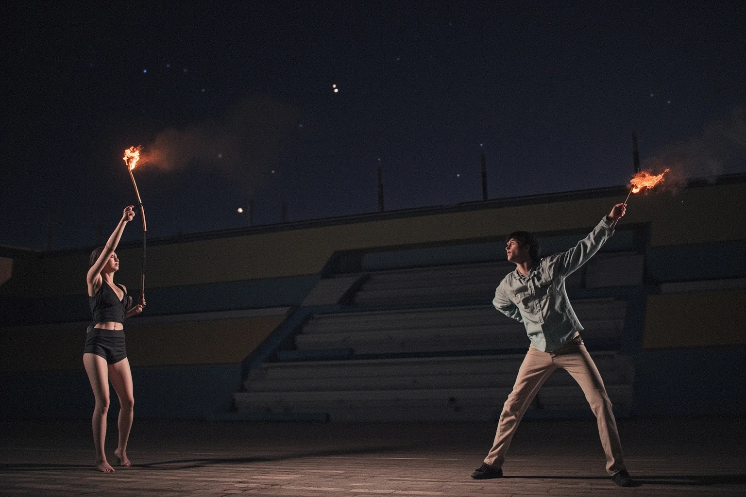 Yes, Female Gladiators Existed — And Here's Everything You Need to Know About Them 15 A dramatic nighttime arena scene with torches casting long shadows as two female gladiators face off under the stars