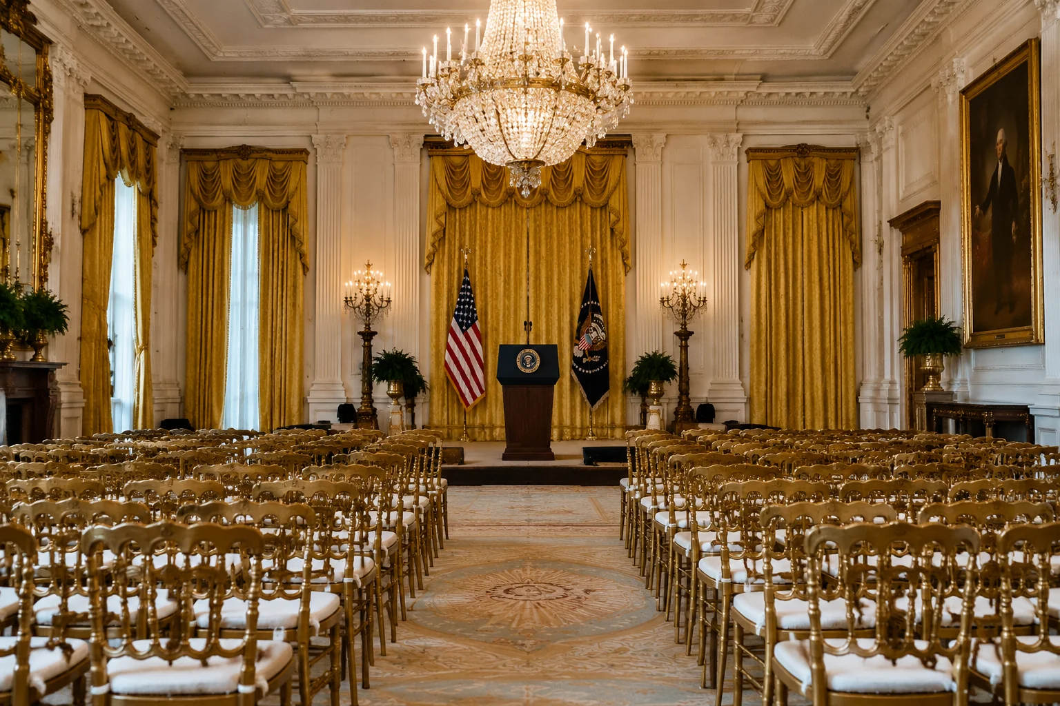 The Hidden Meaning Behind America's Highest Civilian Award 3 A dramatic photograph of an empty White House East Room set up for a medal ceremony, with rows of chairs and a podium, conveying the institutional weight of the occasion.
