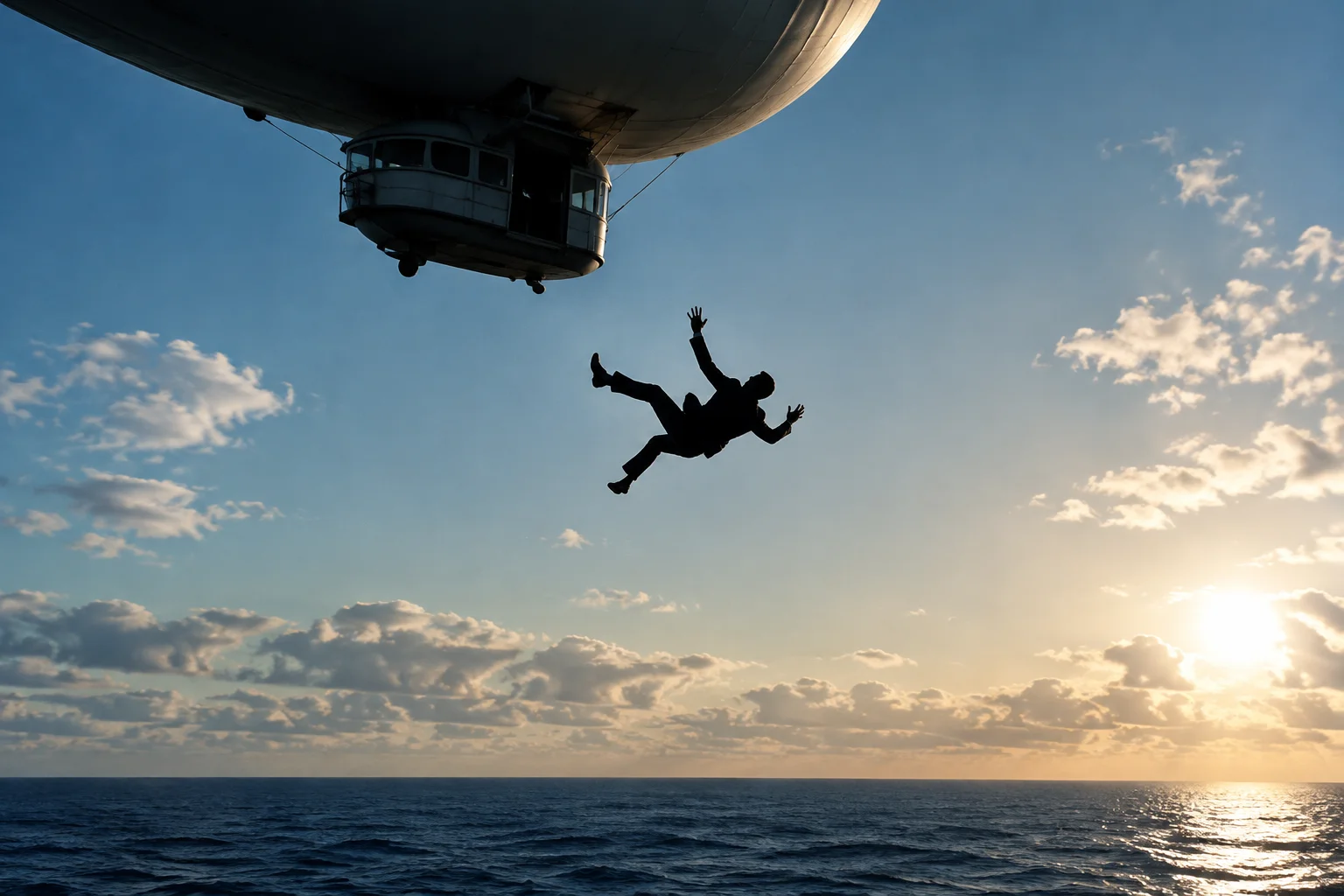Ghost Blimp 1942: The WWII Blimp That Landed in San Francisco Without a Crew 12 A dramatic reenactment of a man falling from a blimp gondola into the ocean, silhouette against the sky, tasteful and non-graphic.
