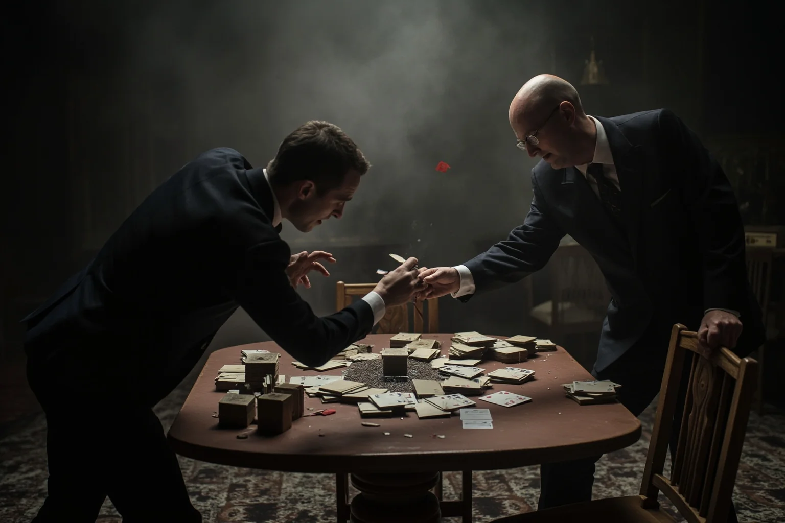 A dramatic scene of a duel over a card table, with scattered cards and overturned chairs, tense atmosphere.