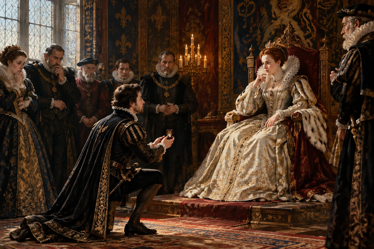 A dramatic scene of a royal court with a queen listening to a suitor's proposal while advisors watch anxiously, Elizabethan clothing and decor, painterly illustration, no identifiable real faces