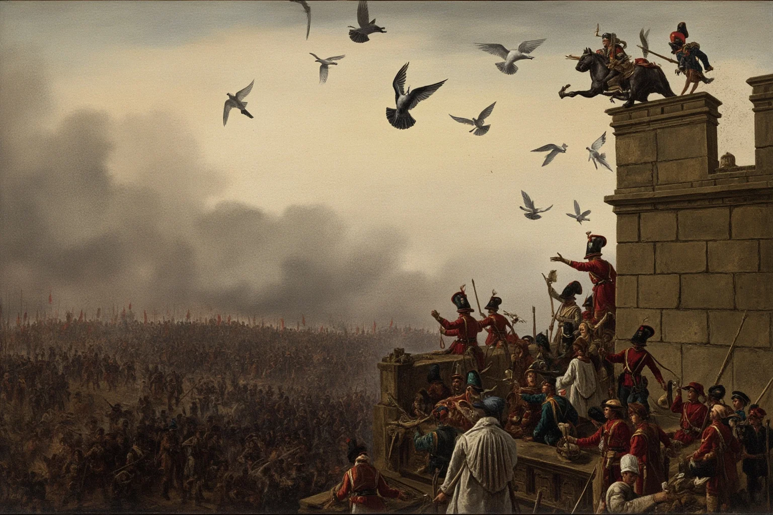 A dramatic scene of besieged Paris in 1870 with a pigeon being released over the city walls while Prussian troops camp below