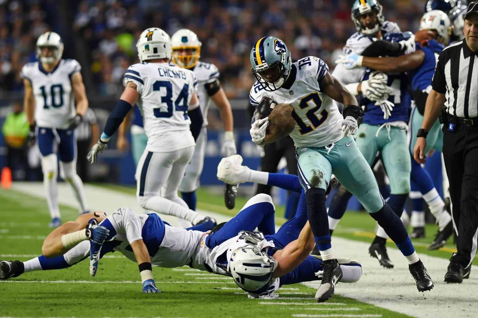 A dropped interception by a cornerback in a tense playoff game, generic uniforms, no real logos or names, moment of disbelief.